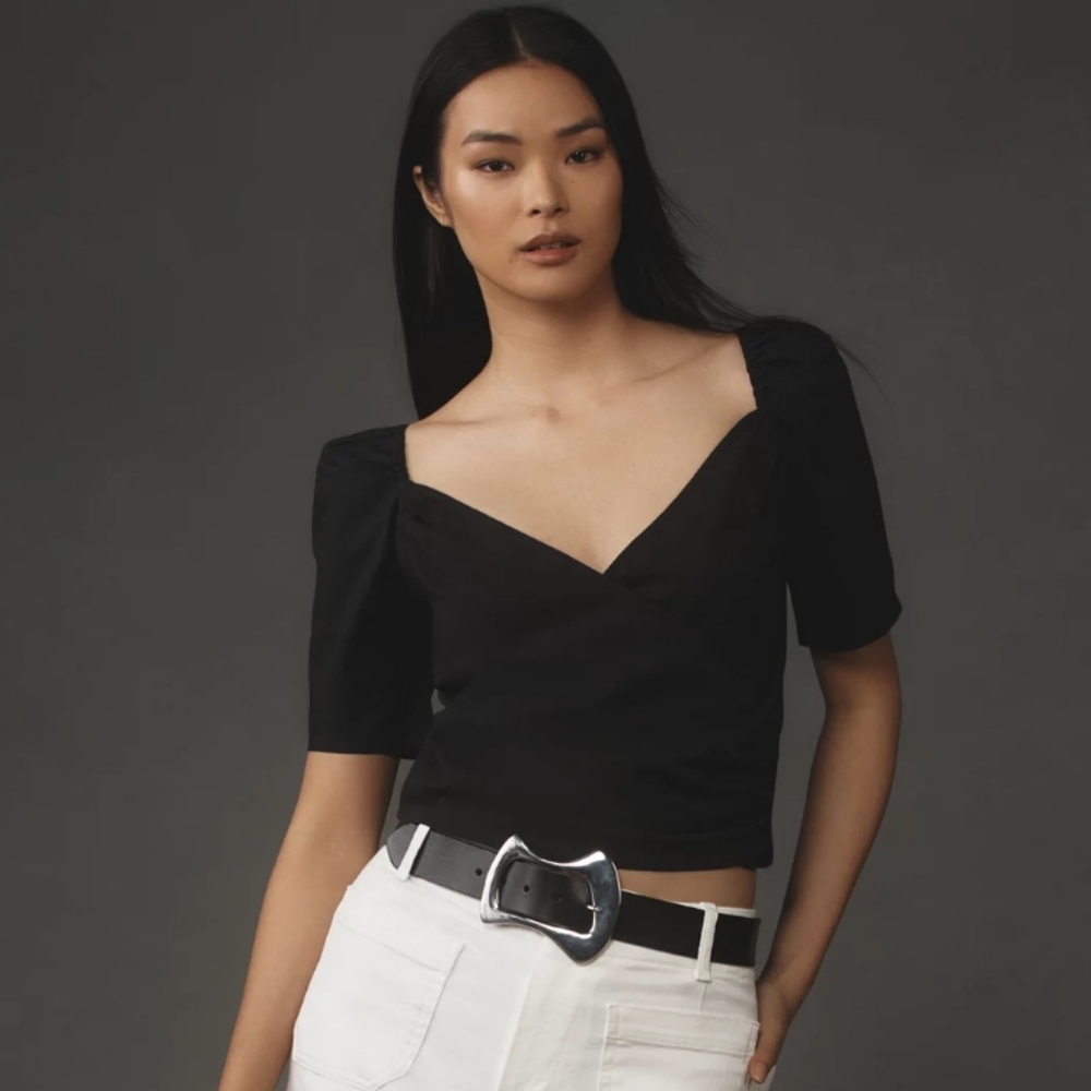 By Anthropologie - Black Wrap Puffed Short Sleeve Blouse